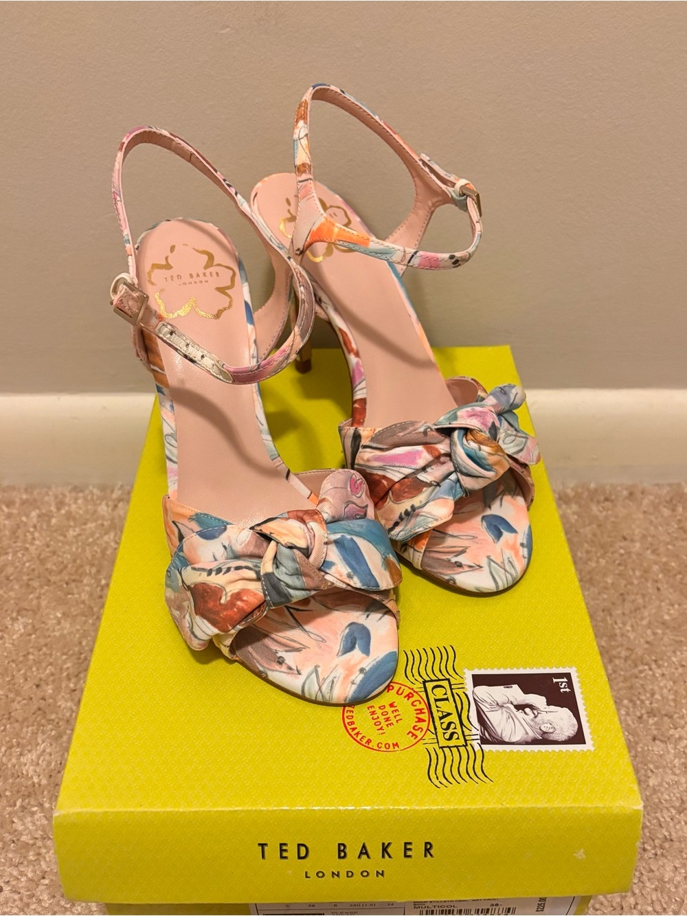 Ted Baker Multicolor Pastel Floral Knot Ankle-Strap Heels